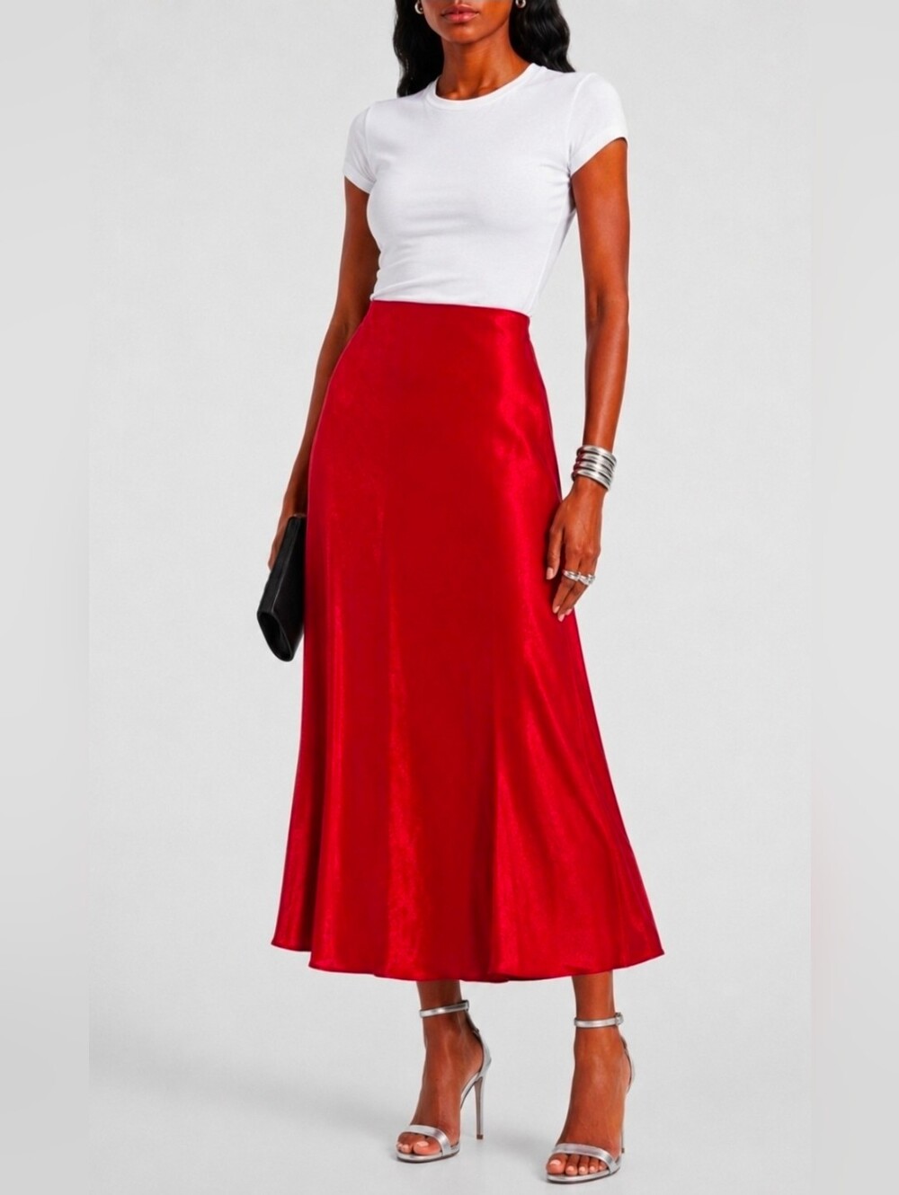 NASTY GAL Collection Red Satin Midi A Line Skirt Size Medium NEW